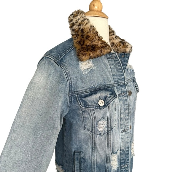 Guns N’ Roses Distressed Denim Trucker Band Jacket Leopard Faux Fur Collar M - Picture 4 of 15